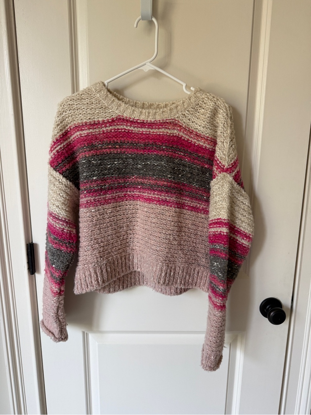 Pilcro Pink, Cream & Gray Striped Crewneck Sweater